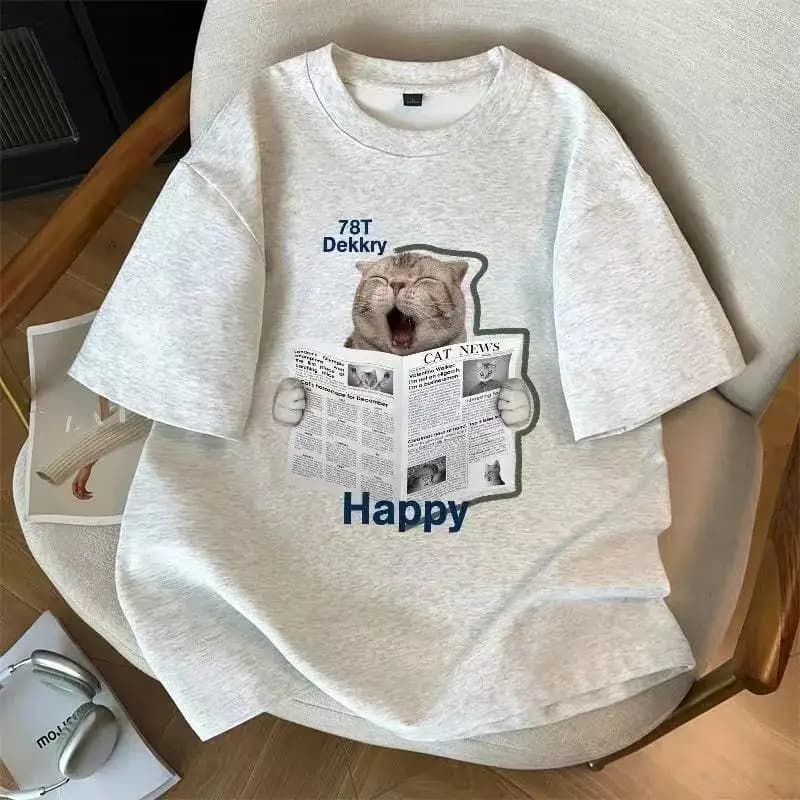 Men's T-shirt American Retro Style Heavyweight Pure Cotton Grey Fun Cat Newspaper Print Short-sleeved Loose and Off-the-shoulder