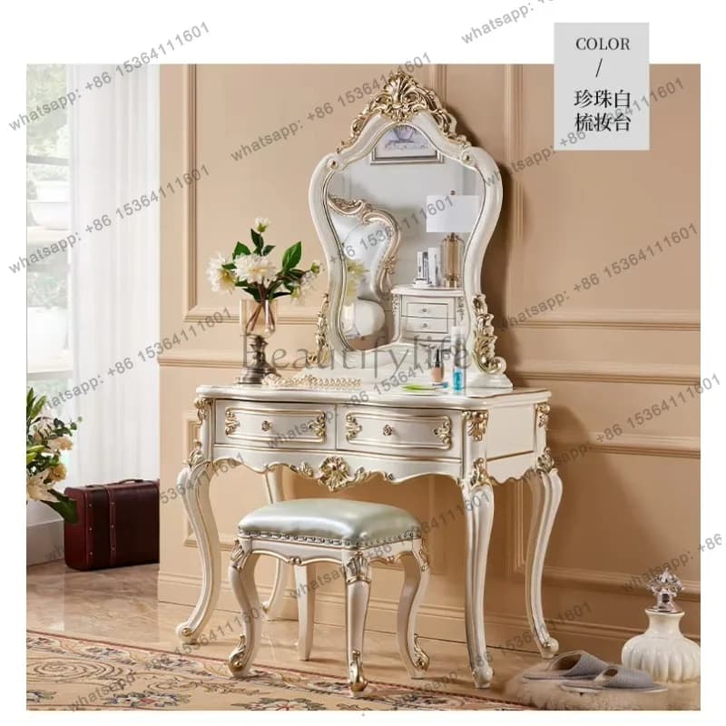 YJ  European Dresser Bedroom Solid Wood Simple Luxury Makeup Storage Table Carved Makeup Stool White