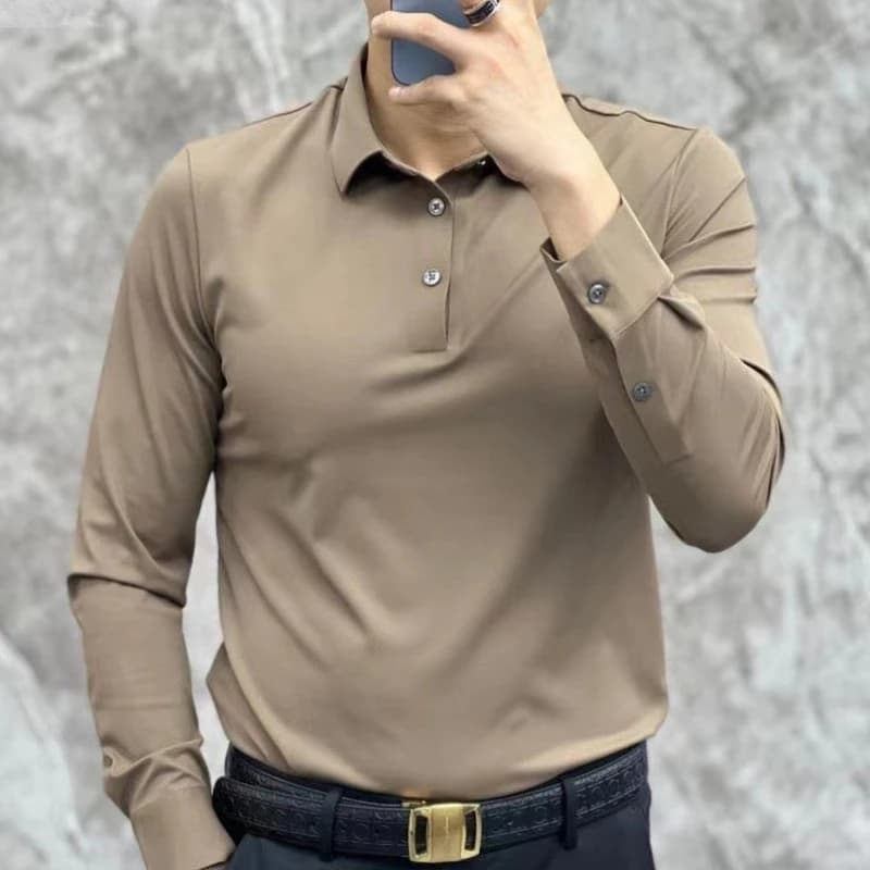 Business Casual Men Spring Autumn New Spliced polo Collar Button Fashion Solid Color Slim Versatile Casual Long Sleeved Tops