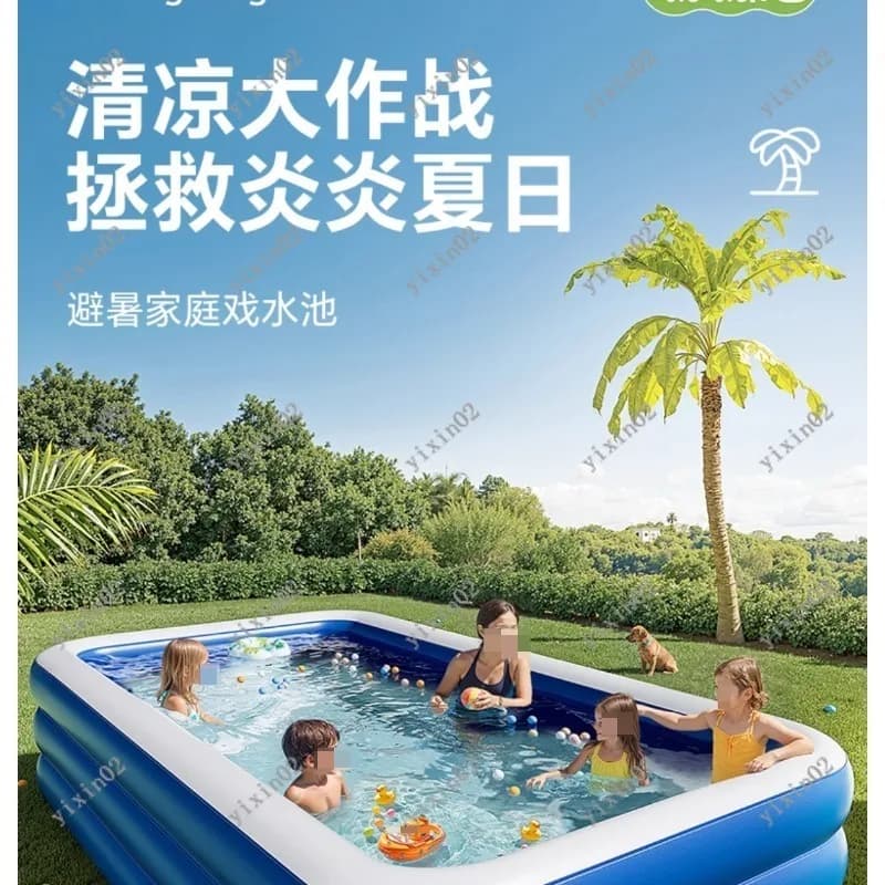Large Family Inflatable Swimming Pool - Four-Ring Raised Thickened Blue&White Home Pool