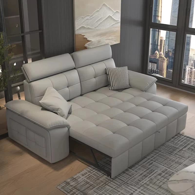 Leather Pull Out Sofa Bed with Hidden Stools Apartment Living Room Sofa Bed High End Brown Modern Sofa Bed Set