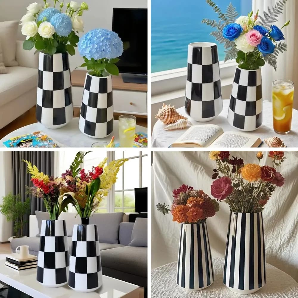 Minimalist Black White Checkered Ceramic Vase for Home Decor, Bedroom Living Room Table Centerpiece