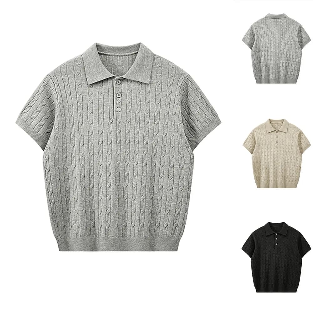 Casual Cable Knit Short Sleeve Polo Shirt Collared Half Button Knitted Top for Summer Wear Office Business Casual Men Streetwear