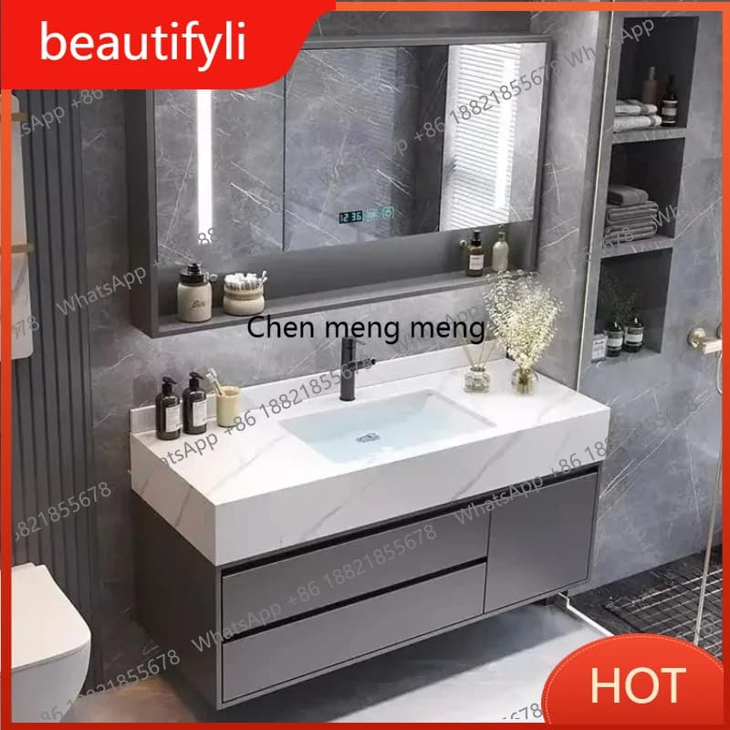 D80 Narrow Light Luxury Bathroom Cabinet Rock Slab Slim Solid Wood Bathroom Cabinets Washbasin Mobile Bagno Room Furniture