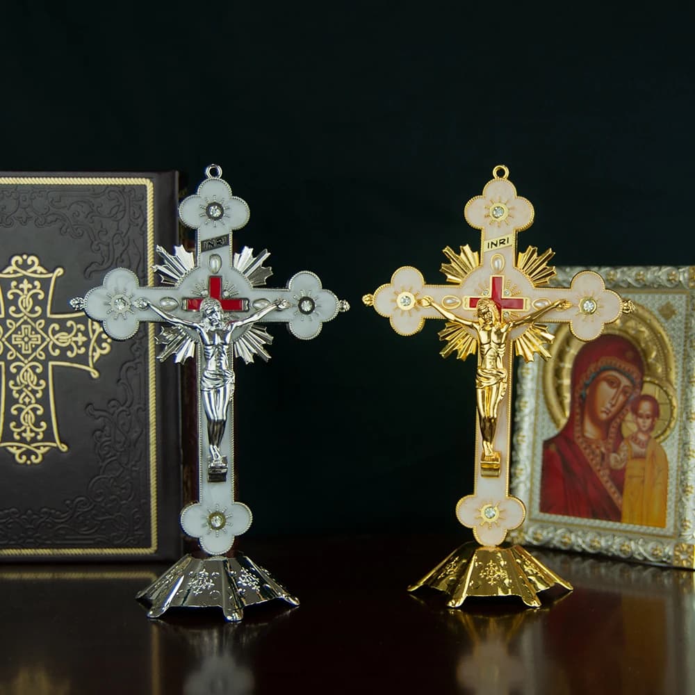 HTISOK Orthodox Jesus Crucifix Statue Decoration Alloy Prayer Cross Small Jesus Cross for Home Church Tabletop Decoration