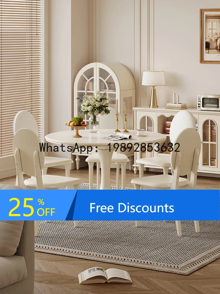 YFY French Cream Style Solid Wood Round Dining Table White Round 1.2m Home Dining Table Restaurant Table and Chair Set