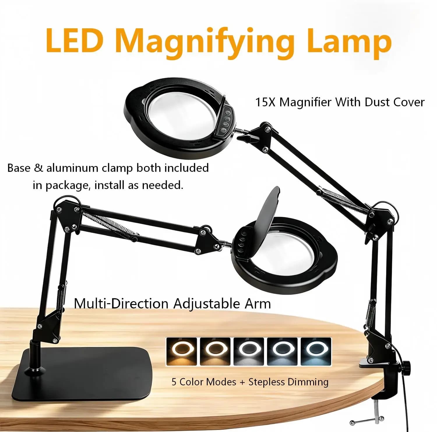 LED Magnifying Lamp Clamp Mount Aluminum I-Clamp 15X Glass 5 Color Dimming for Cross Stitch Jewelry Repair Close Work Hobby