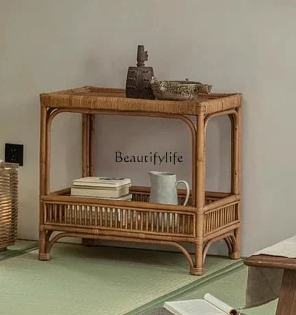 x4 South East Asia rattan art Japanese wabi sabi retro style natural plant real rattan double layer storage sofa side few
