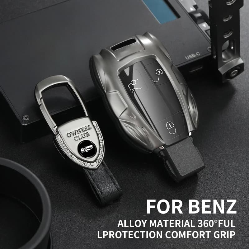 Car key cover, fits Mercedes 3-button chrome key FBS3, works with older C-Class, E-Class, S-Class, GLK, A/B-Class