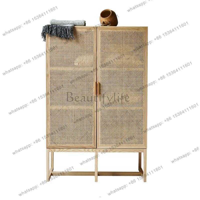Wabi Sandy Wind Solid Wood Rattan Dining Side Cabinet Nordic Vintage Storage Pillow Storage Cabinet