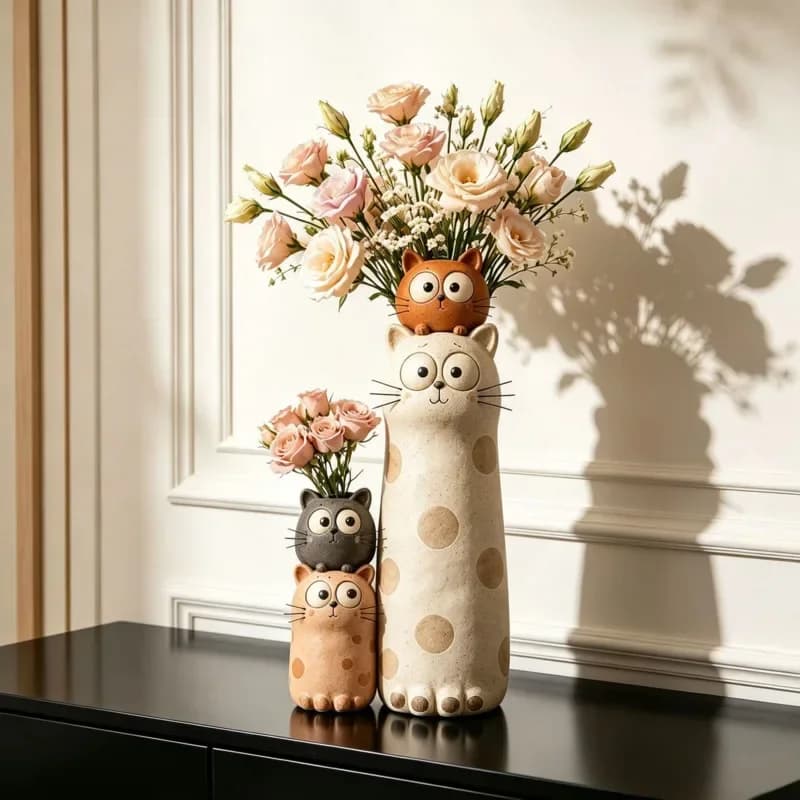 Cartoon Cat Vase Hydroponic Planter Cute Flower Pot Bud Vase Fresh Cut Flowers Desktop Home Room Office Tabletop Decor