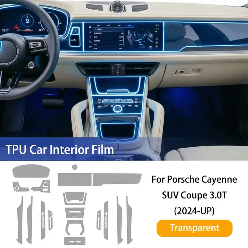 Car Interior TPU Protective Film for Porsche Cayenne 2024 SUV Coupe 3.0T 4.0T Center Console Transparent Anti-scratch Sticker