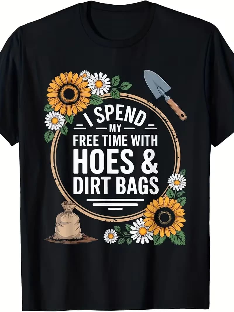 I Spend My Free Time with Hoes & Dirt Bags Gardener Humor T-Shirt  Casual Wear, Short Sleeves, Regular Fit, Wear All Seasons