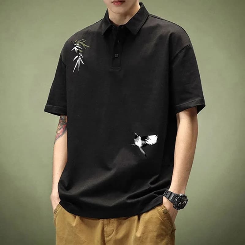 Men's Clothing Black Printed Short Sleeve Polo Shirt High-End Button-Down Collar Slim Fit Casual Comfortable Top for Summer