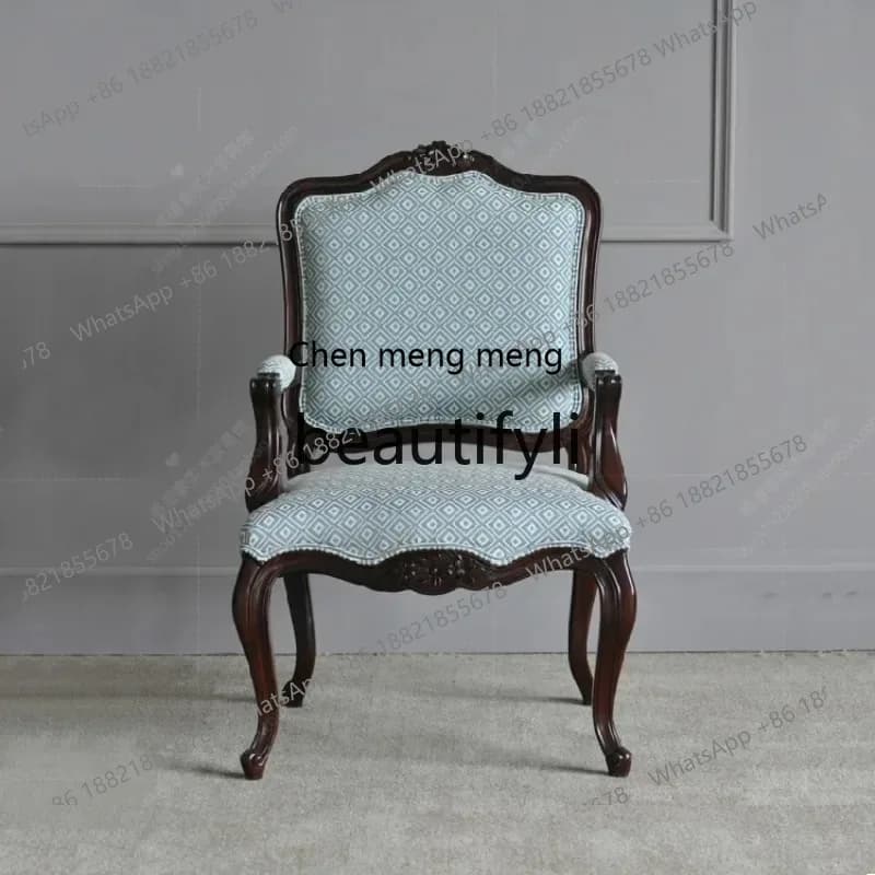 S7486 ss Solid Wood Dining Chair Fabric Jacquard Vintage Armrest Soft Cover Book Chair Small Apartment Leisure Chair Customizati