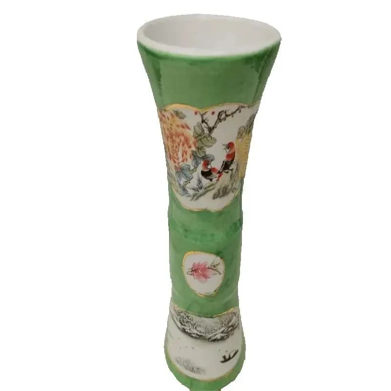 Chinese Old Porcelain Vase ,with green background Flowers and birds Chart wild mouth bottle Decorative Pottery Artwork Collec