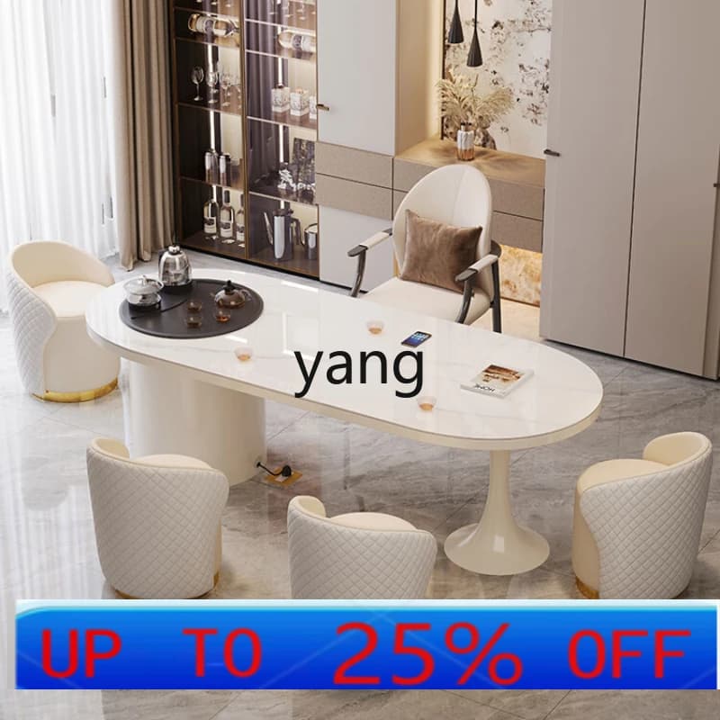 LHH  cream wind rock board tea table and chair combination modern simple light luxury double head round home