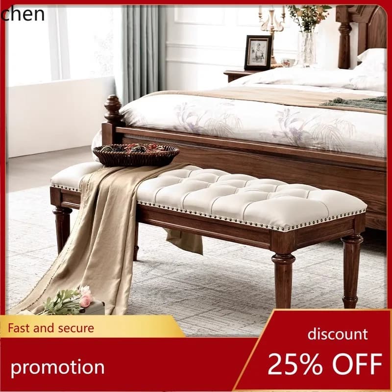 HT Country Solid Wood Bed End Stool High-End Genuine Leather Vintage Style Bed Bench Shoe Changing Long Stool