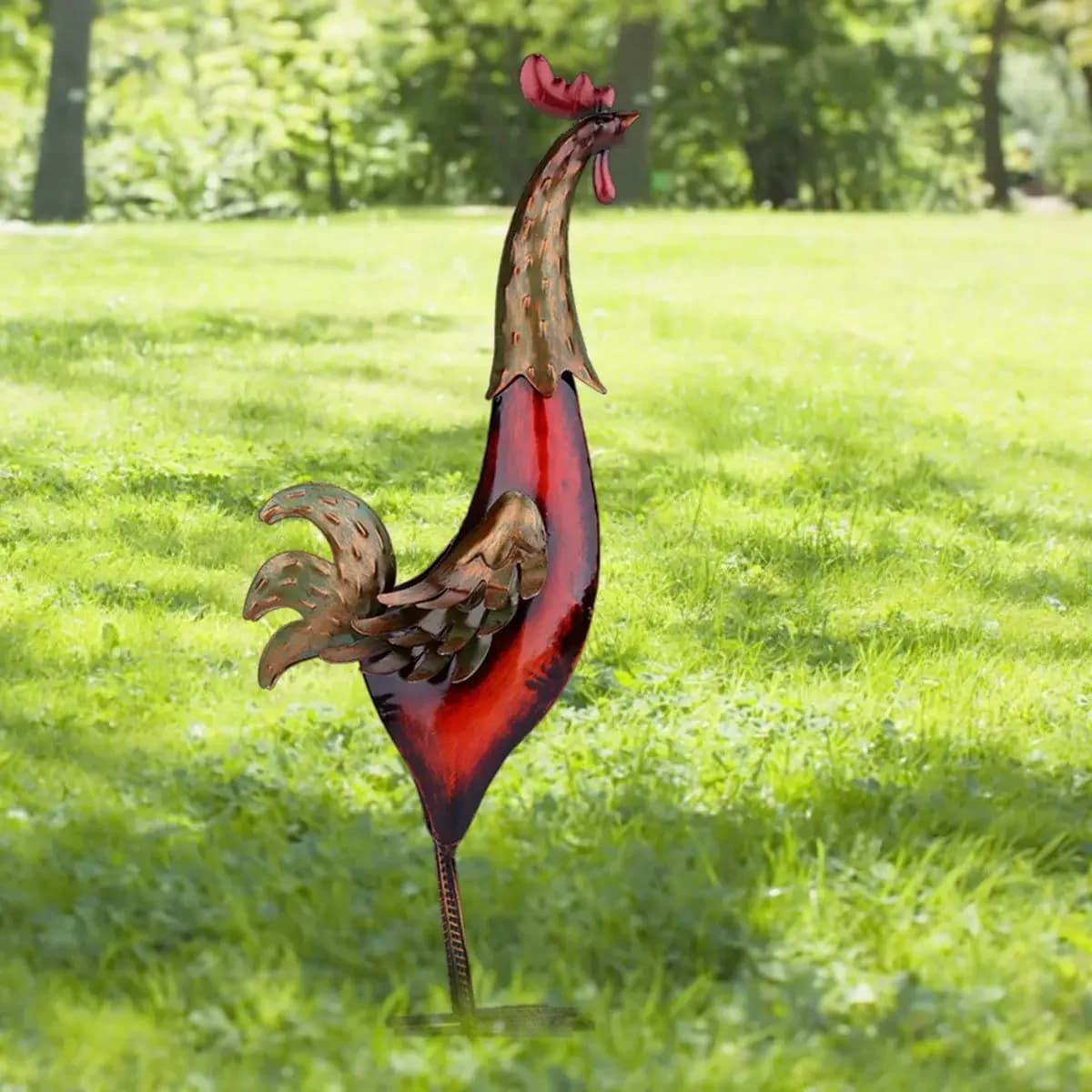 Hand-Painted Rooster Figurine with Wood Grain and Iron Craft Home Garden Decor Metal Artwork Rustic Chickens Sculpture