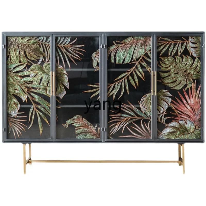 CX Vintage Entrance Painted Glass Iron Metal Sideboard Cabinet Living Room Double Door Art Storage
