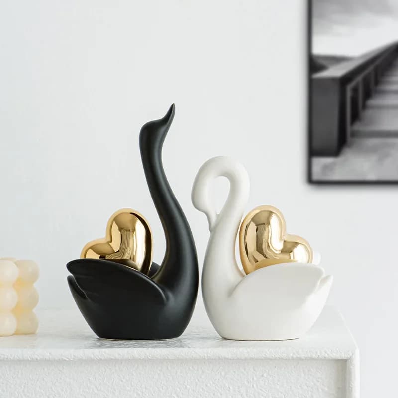 Love Couple Swan Ornament Ceramic Crafts Golden Love Sculpture White ceramic swan figurine  TV cabinet Home decor accessories