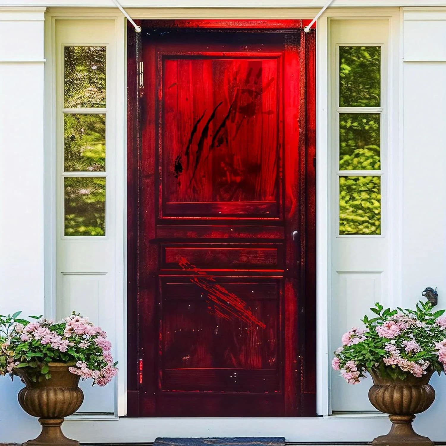 Halloween Red Horror Door Outdoor Tapestry Banner, Door Cover Banner Bloody Scary Door Theme Decor for Halloween Horror Party