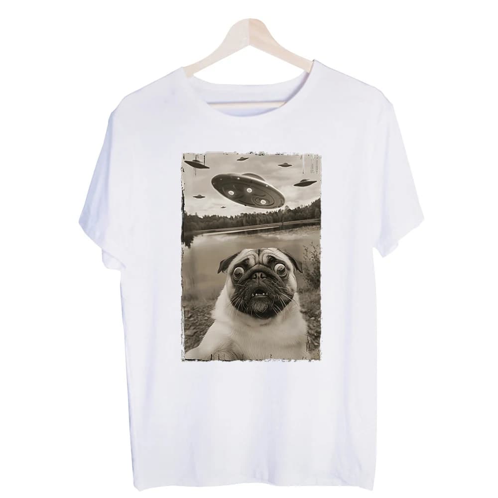 Men's Pug and UFO Graphic Tee, Short Sleeve Crew Neck T-Shirt for Casual Streetwear and Summer Outfits