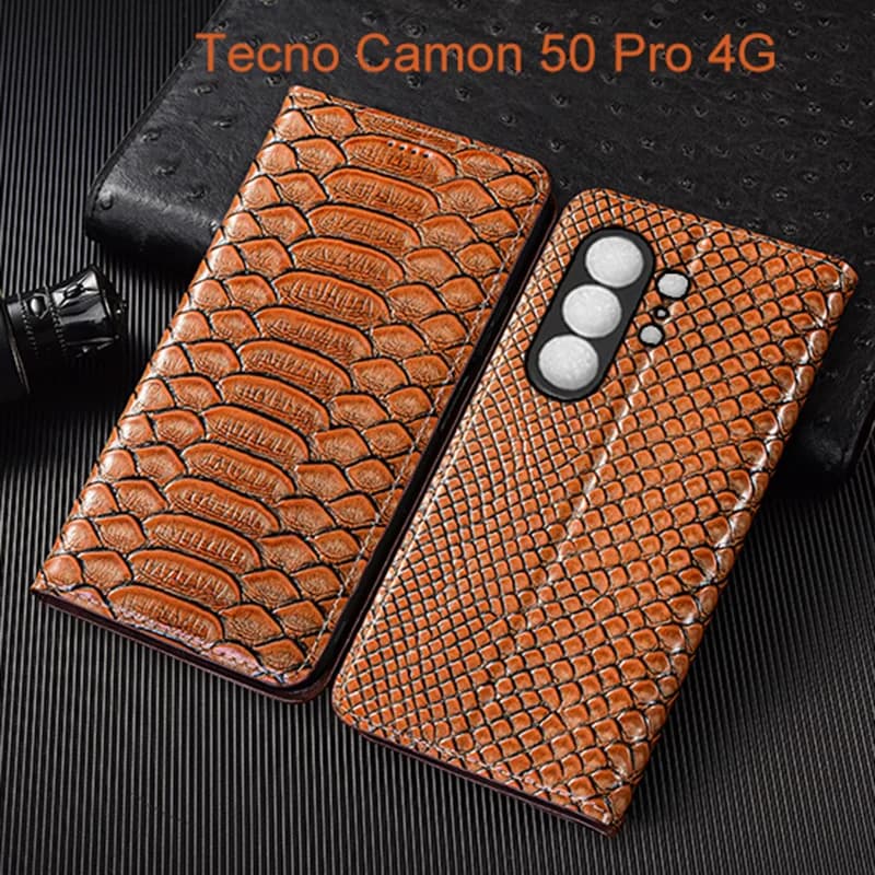 Genuine Leather Flip Case For Tecno Camon 50 Pro 4G 5G Phone Cover Card Cases Python Pattern Handmade