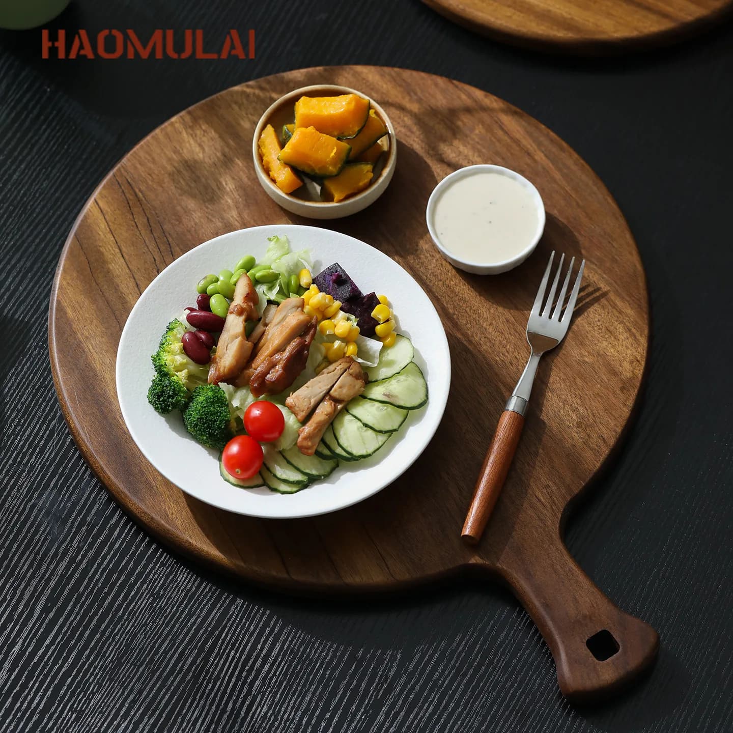 HYS round pizza plate commercial solid wood pizza board tray wooden steak plate fruit complementary food board