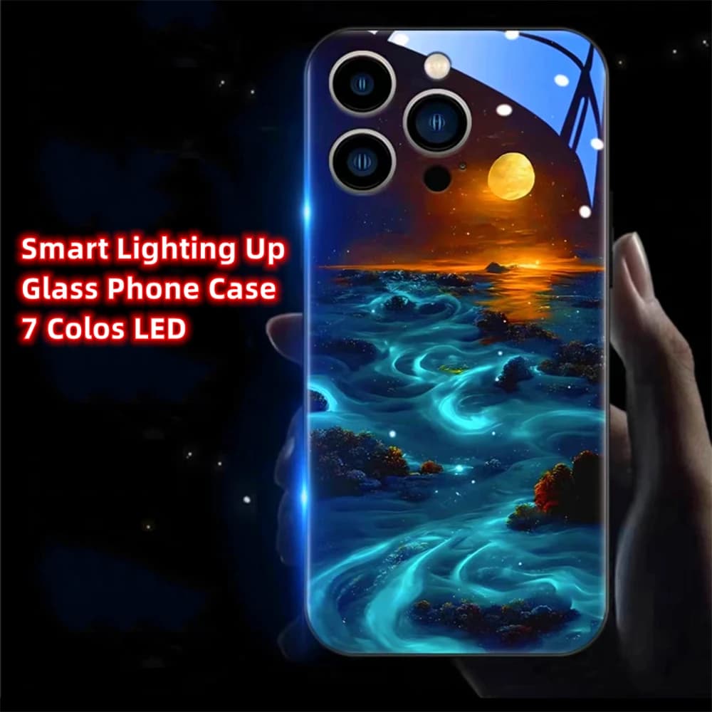 Summer Blue Tears Design Smart LED Light Glow Tempered Glass Phone Case For iPhone Air 17 16 15 14 13 12 11 Pro Max Plus