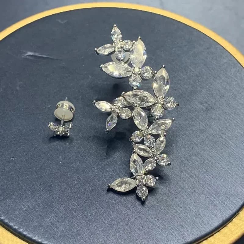 European and American fashion asymmetrical butterfly stud earrings women, butterfly ear clips silver-white diamond temperament