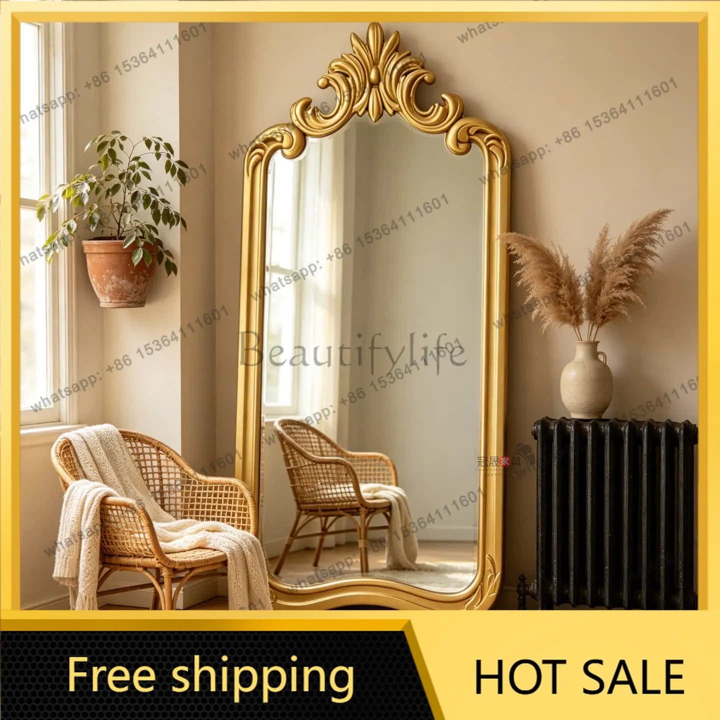 European retro carved full-length mirror French special-shaped floor-to-ceiling American bedroom luxury wall-mounted mirror