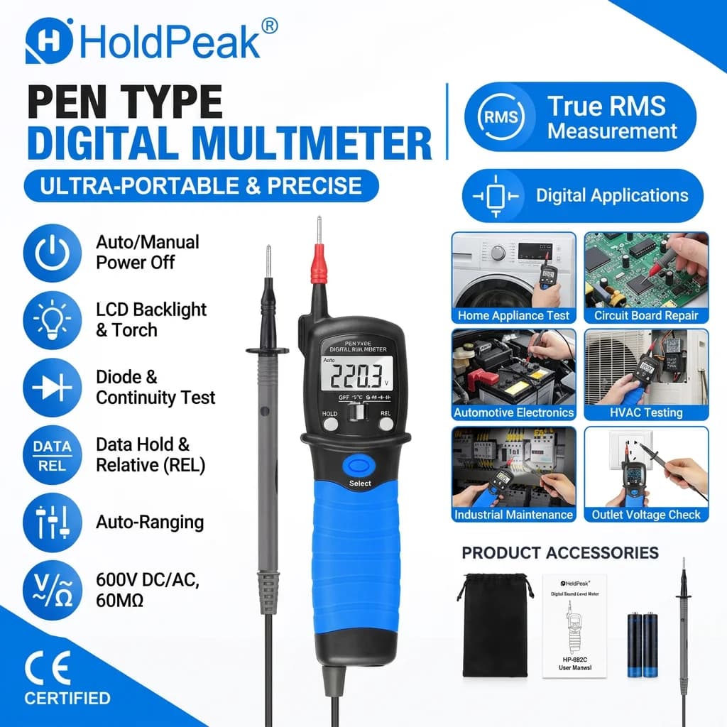 HoldPeak 38C Pen Type Digital Multimeter 6000 Counts True RMS AC/DC Voltage Resistance Capacitance Diode Continuity LED
