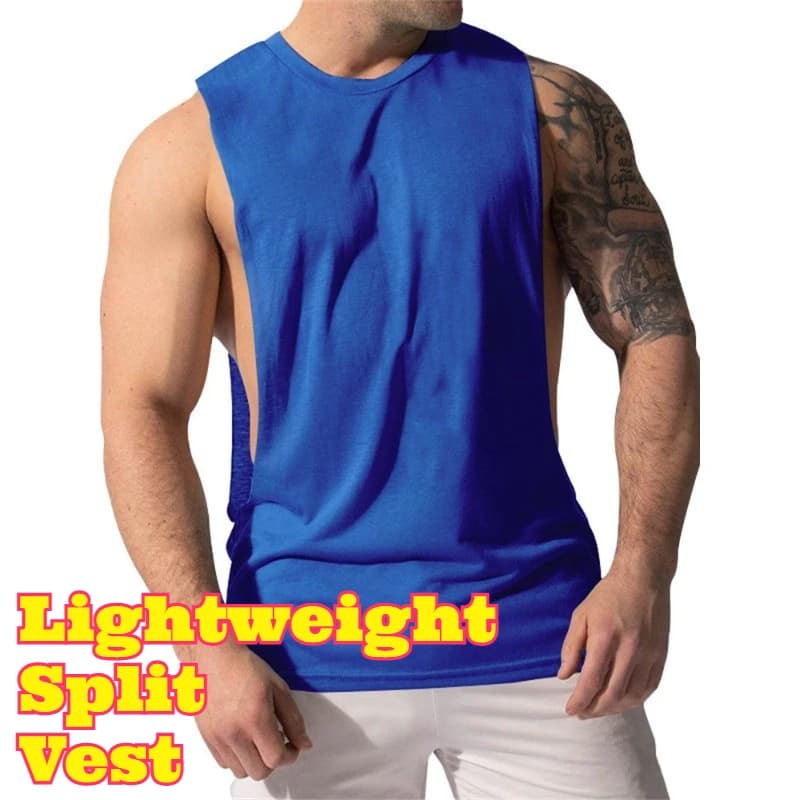 Men's Summer Lightweight Large Split Fitness Vest Sleeveless High Elastic Breathable Quick Dry Solid Color Gym Workout Bodybuild