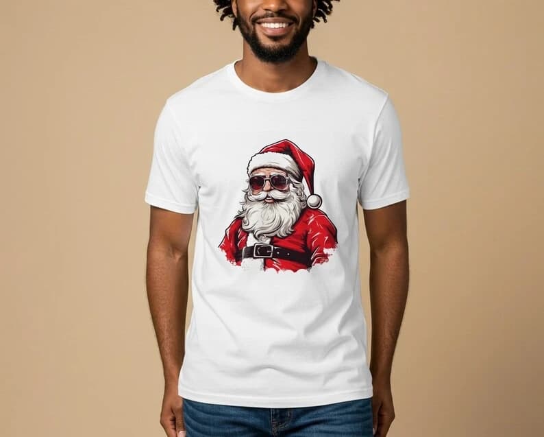 Cool Santa T-Shirt with Sunglasses Modern Christmas Apparel Funny Holiday Graphic Unique Unisex Gift Idea for Simple Style Tops