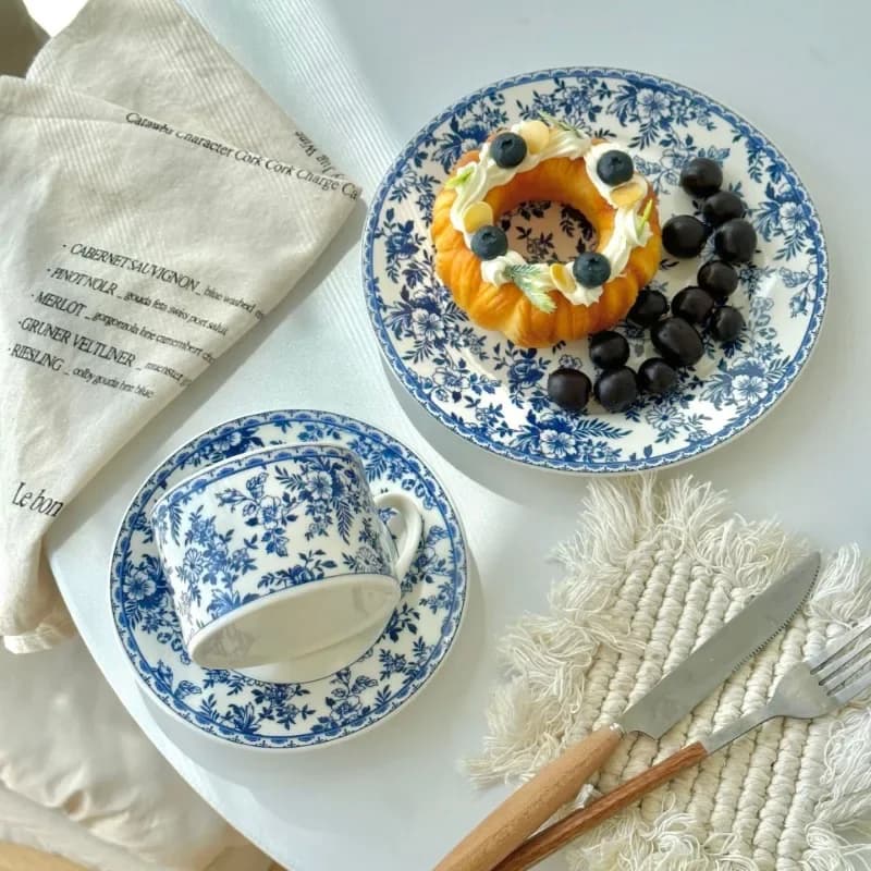 Retro Blue Ceramic Tableware, Western Restaurant, Coffee Cups and Plates, Dessert Dim Sum Plate, Home Accessories