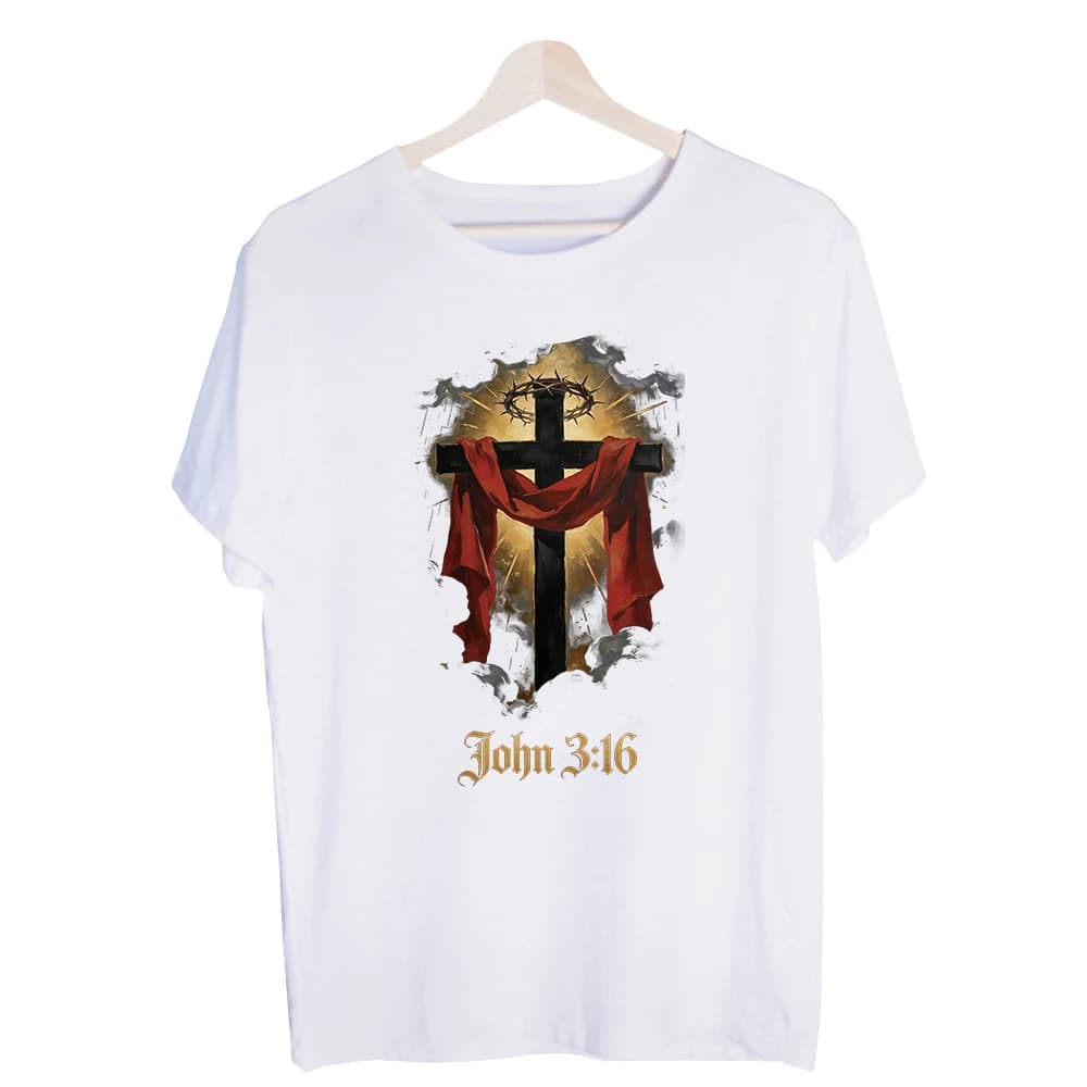 Men's Cross with Crown and Red Cloth Graphic Tee, Short Sleeve Crew Neck T-Shirt for Casual Daily Wear