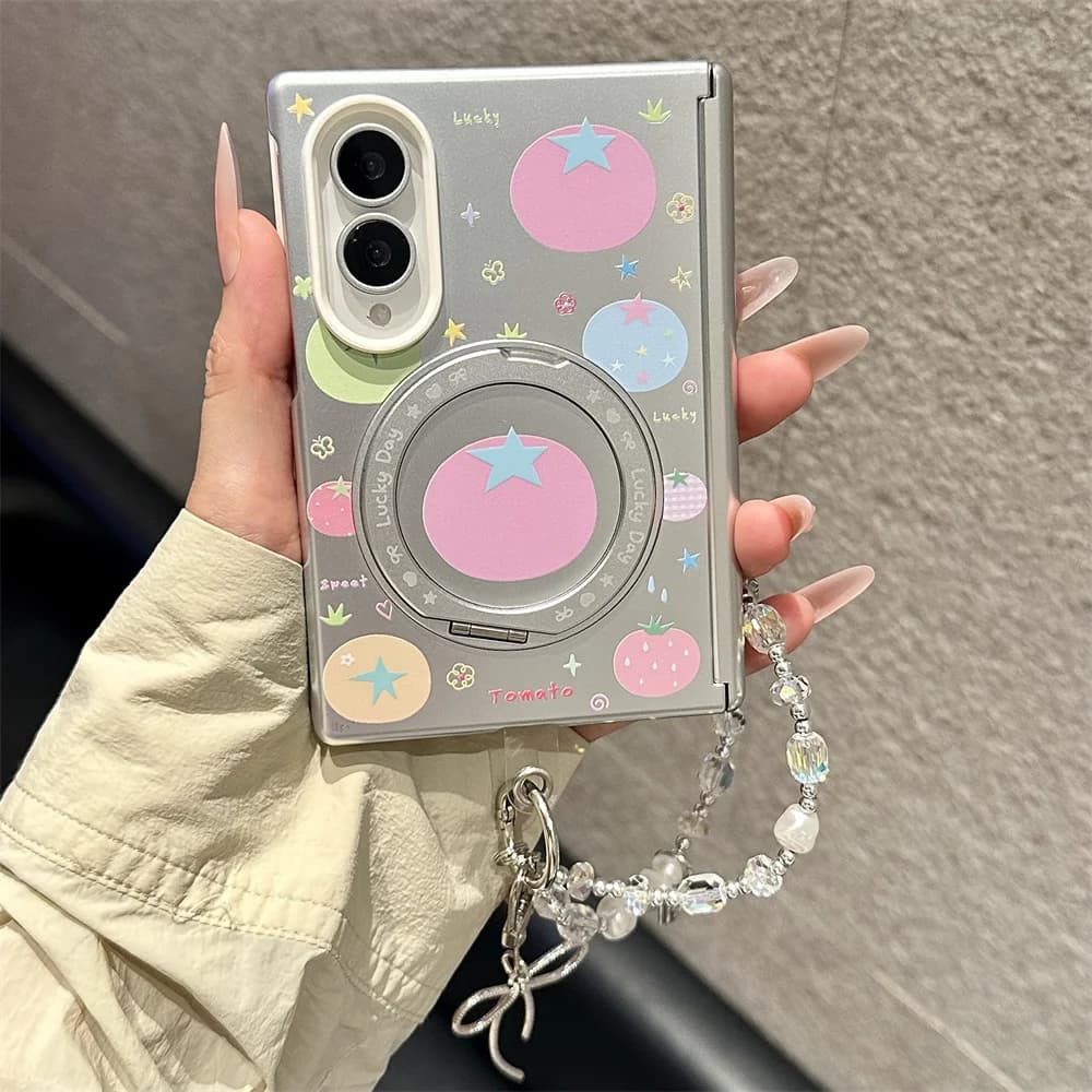 Cute Colorful Tomato Star Phone Case For Samsung Galaxy Z Fold 8 Rotatable Ring Stand With Bead Shockproof Protective Shell