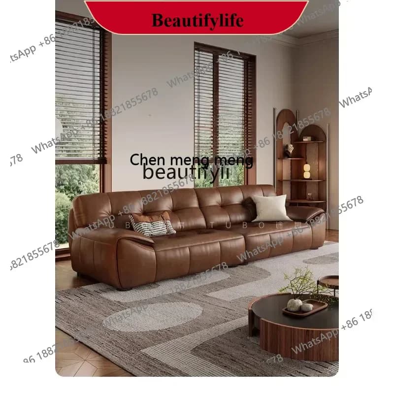 z183  Oil wax leather sofa living room French retro style straight row real cowhide sofa