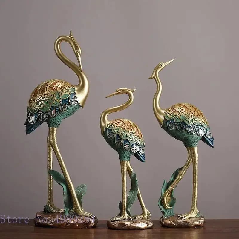 Resin animal sculpture Painted Crane bird Simulation animal statue crafts ornaments Golden relief Handmade Home Decoration