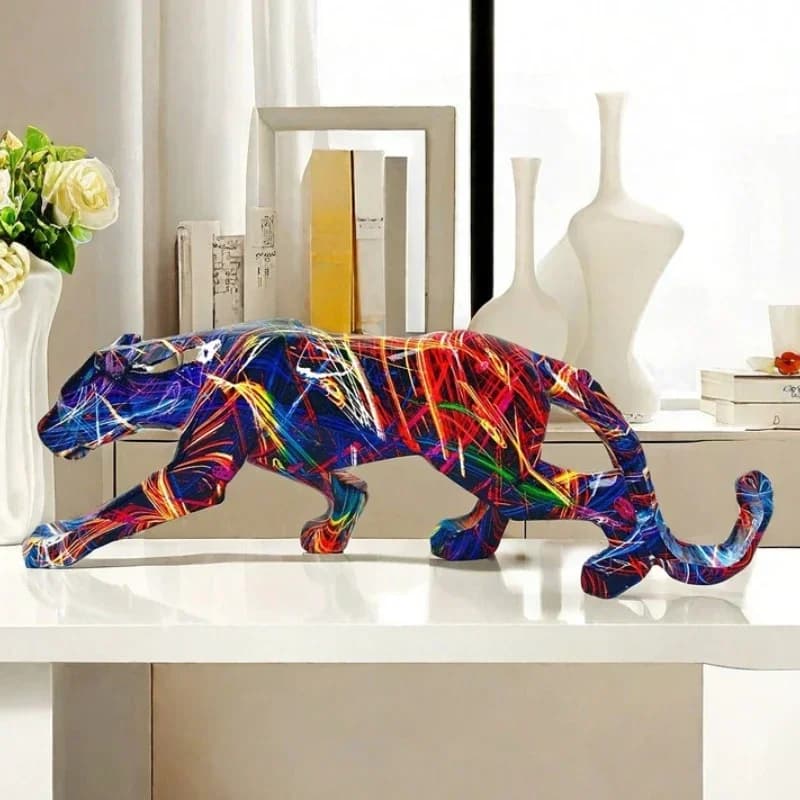 Graffiti Panther Statue Animal Figurine Abstract Geometric Style Resin Leopard Sculpture Home Office Desktop Decoration