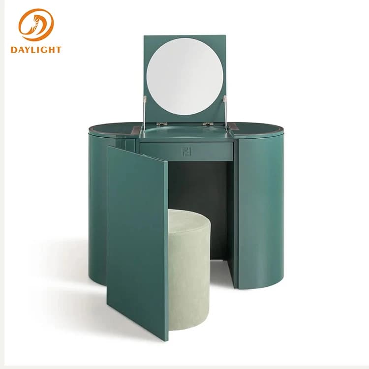 Dressing Table Modern Green Vanity Set with Foldable Mirror Storage Cabinets and Stool for Bedroom Decor