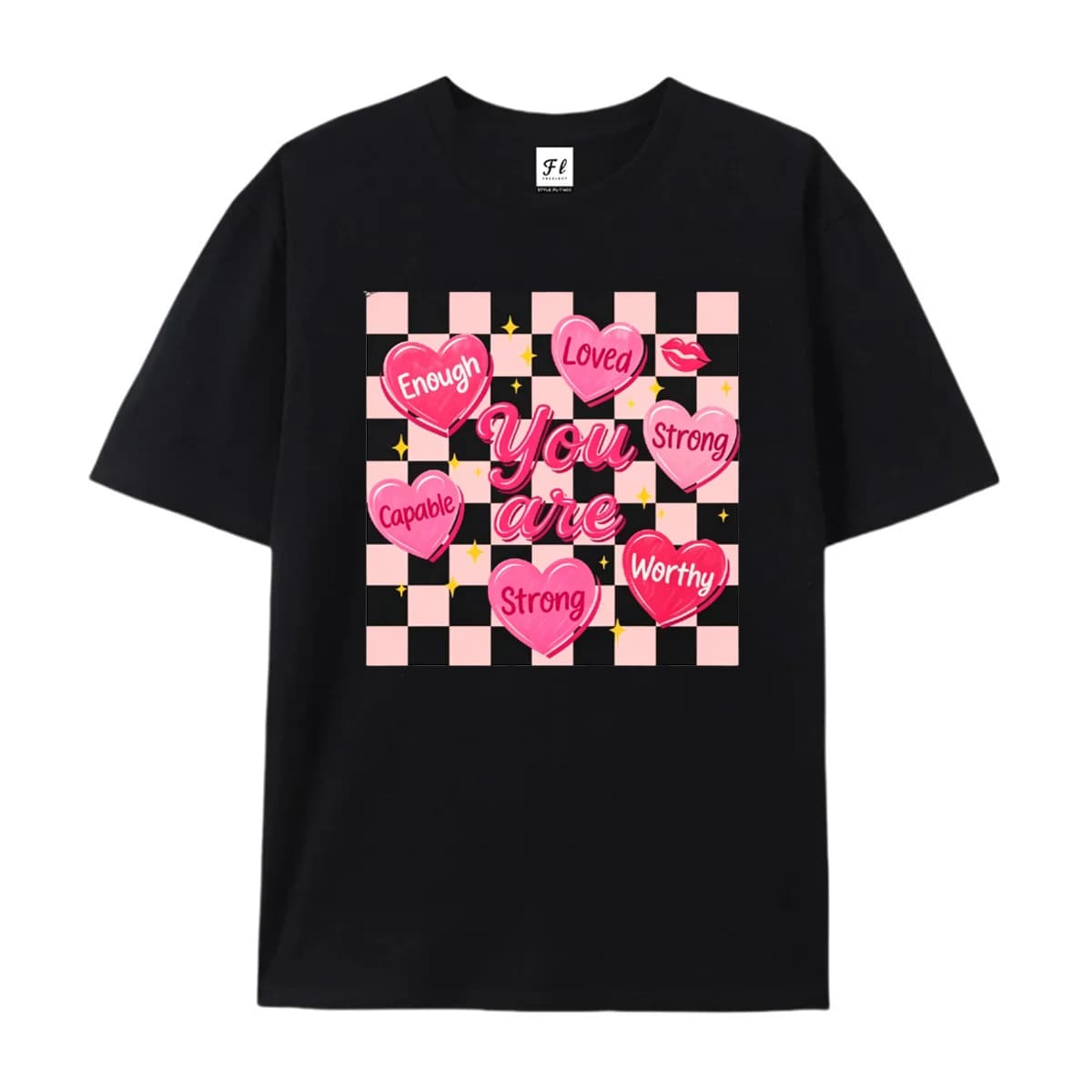 You Are Enough Loved Strong Worthy Graphic T‑Shirt Checkerboard Pink Heart Positive Affirmation Self Love Short Sleeve Tops