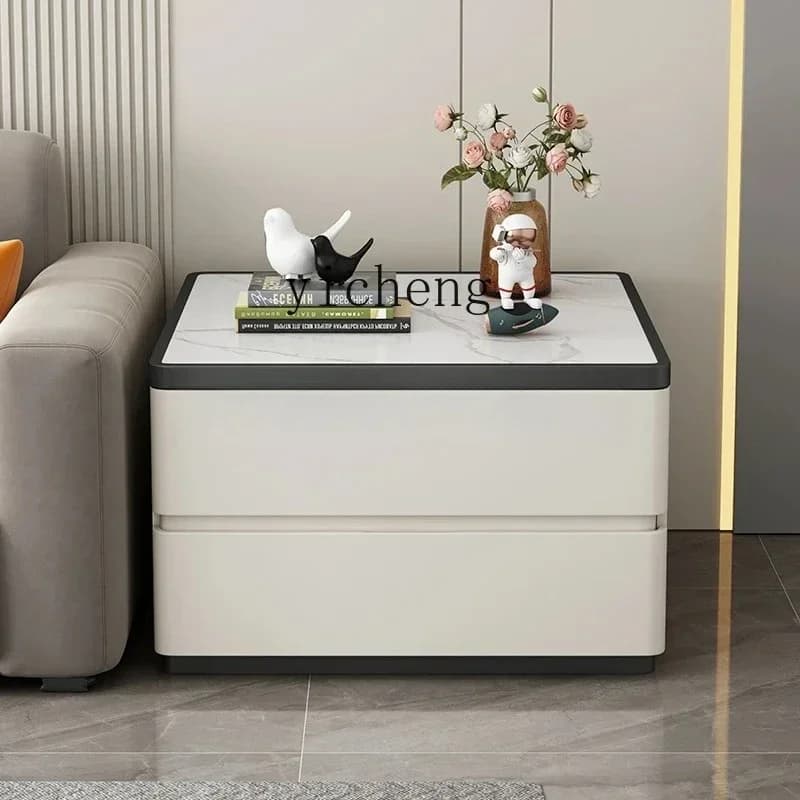 GZ-8  Square Sofa Side Table Light Luxury High-End Feel Rock Slab Solid Wood Side Cabinet Living Room Square Table Storage