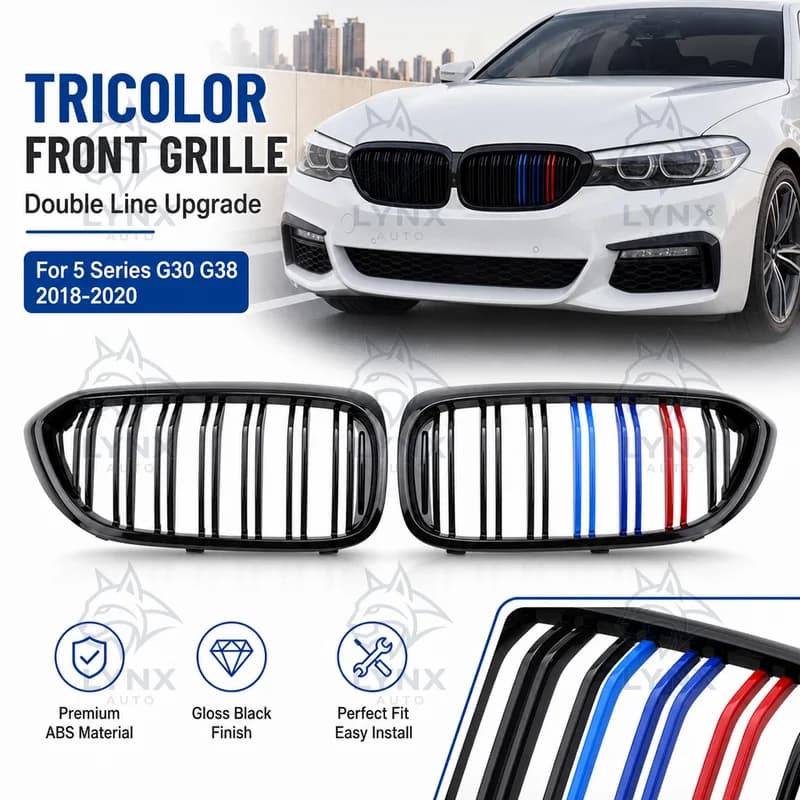For BMW 5 Series G30 G38 2018-2020 Double Line Tricolor Front Air Intake Grille Upgrade Gloss Black Double Bar
