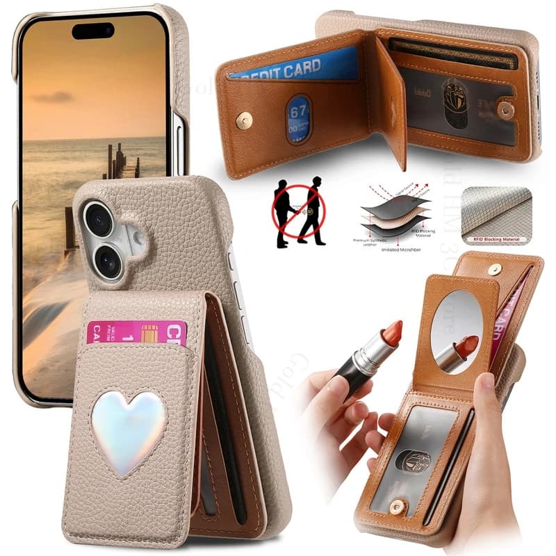 Laser Love Heart Card Holder Leather Case For iPhone 17 Pro Max Makeup Mirror Flip Book Stand Cover For Apple 16e 15 14 Pro Max