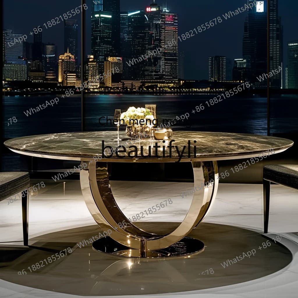 Luxury stone dining table Natural marble Italian high-end golden leg luminous jade double round table