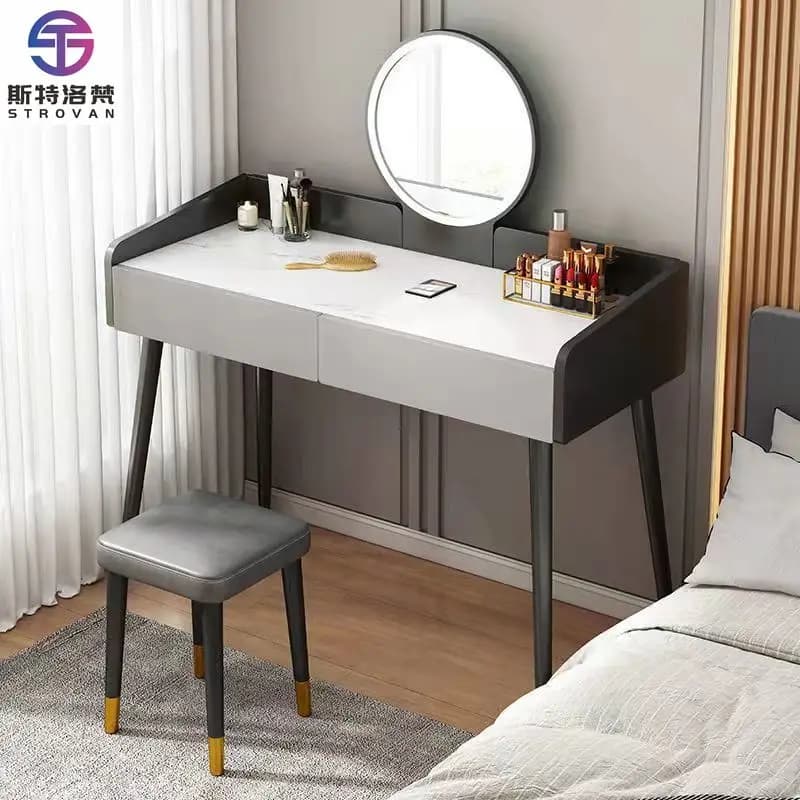 Modern Lightweight Marble Pattern MDF Stainless Steel Frame Modular Makeup Vanity Table Lighted Mirror Panel Style Bedroom
