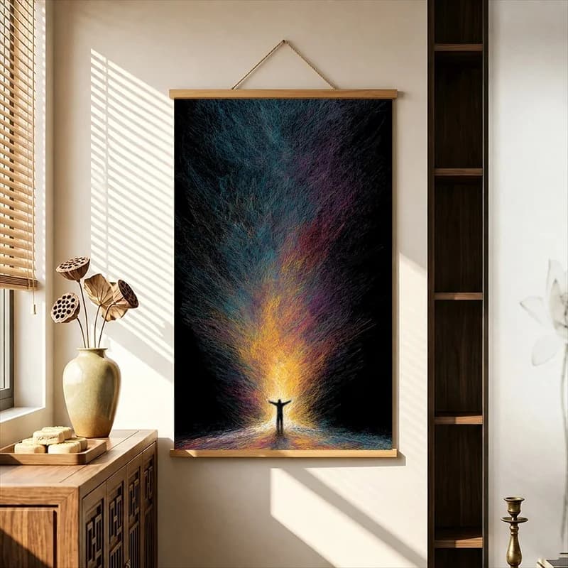 Wall Decorations Colorful Light Trees against Dark Space, Modern Abstract Pearlescent Canvas Hanging Scroll for Meditation Dome