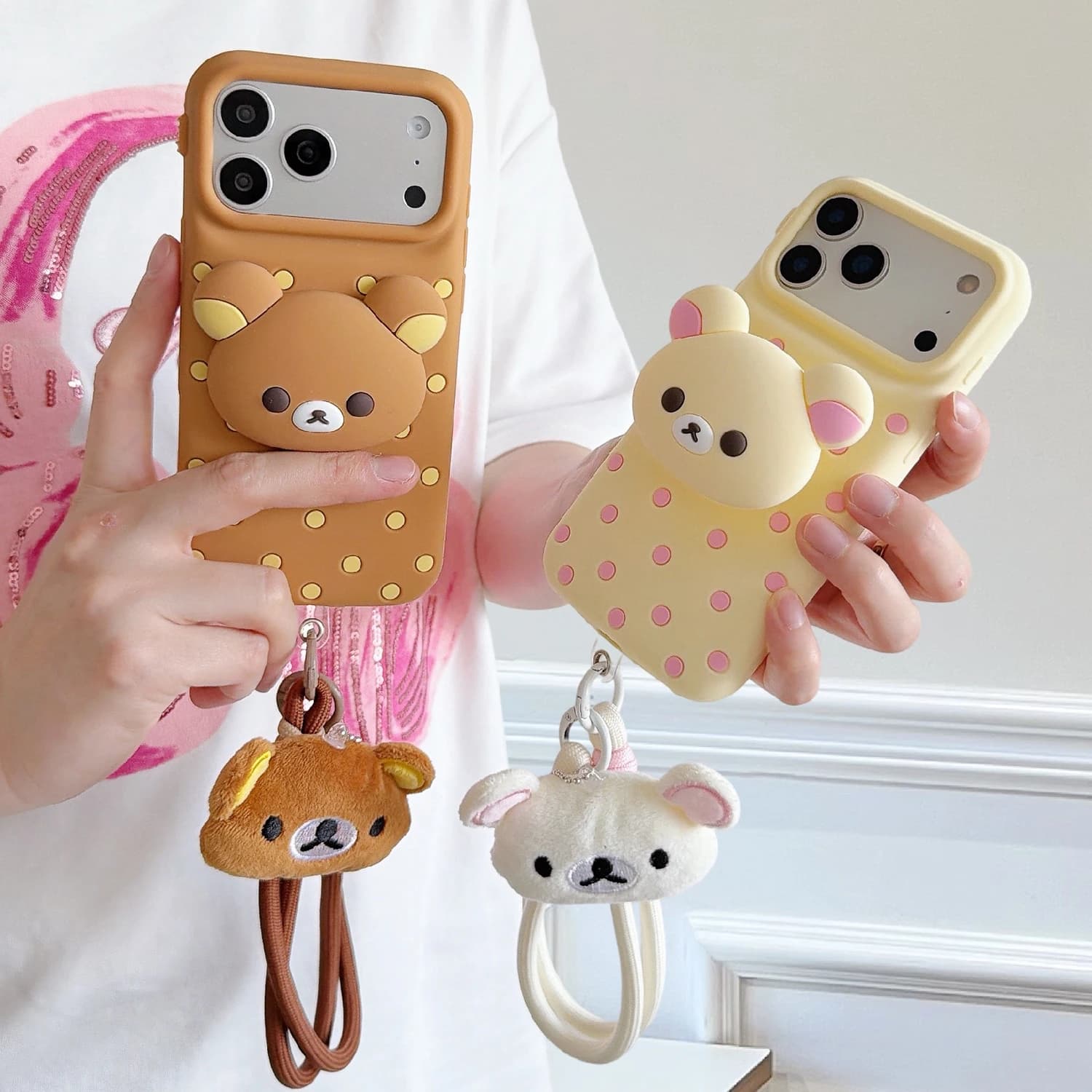 3D Cute Bear Phone Case For iPhone 17 16 15 14 13 12 18 Pro Max With Wrist Strap & Stand Soft Silicone Anti-drop Polka Dot Cover